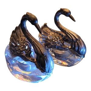 Swan Salt Cellars Clear Glass and Gold Moveable Wings Vintage Set of 2